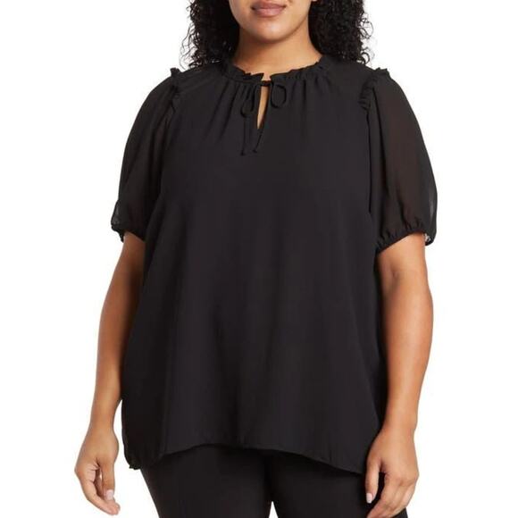Pleione Black Chiffon Blouse Top Womens XL Ruffle Collar Tie Front Short Sleeve - Picture 1 of 12